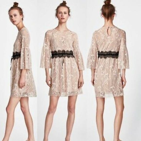 Zara Dresses & Skirts - Zara nude bell sleeve embroidered dress